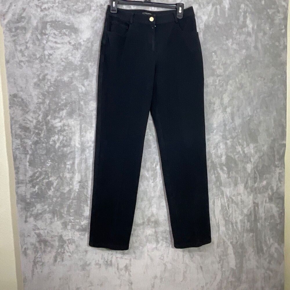 ST JOHN stretch denim Tapered jeans women’s size 4 Black gold Logo button
